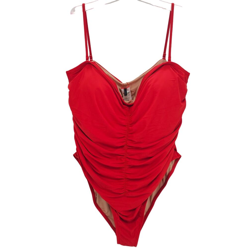 J. Crew Womans size 24 Ruched Sweetheart Neck One Piece Swimsuit Red Cheeky NEW